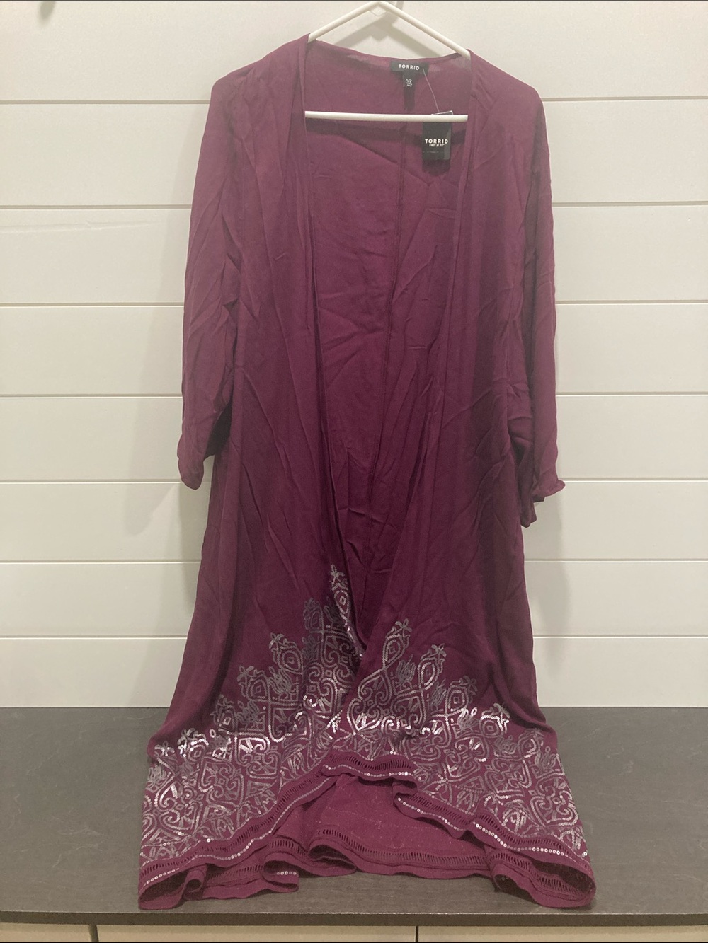 NWT Torrid Burgundy Kimono Duster Cardigan Crepe Sequin Hem Size 1/2 Whimsigoth